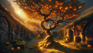 Un búho posado dentro de un árbol naranja brillante bajo la luz de la luna, con los ojos cerrados en un momento de reflexión.