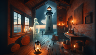 Cuarto de los guardianes en el antiguo faro de Pensacola, con la vela parpadeando, paredes grabadas con iniciales.