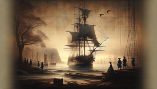 Una goleta colonial que atraviesa las olas del amanecer, con la tripulación remolcando cuerdas en la cubierta.