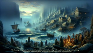 Villagers gathered by the seashore recount age-old legends under a foggy dawn.