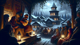 Des rebelles se rassemblent dans une chambre secrète, recouverte de lierre, tandis qu'Ilya joue passionnément de la lute sous une lumière de la lune tamisée.