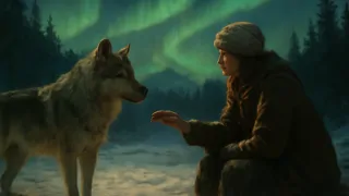 White Fang acariciando suavemente la mano de su cuidador humano bajo las danzantes luces verdes del norte.