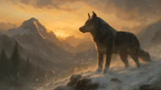 White Fang de pie, triunfante, en la cima de una montaña azotada por el viento al atardecer, con su pelaje brillante bajo la luz dorada
