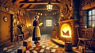 Una carta equivocada arde cómicamente en la chimenea de una cabaña irlandesa, enviando chispas al aire.