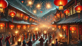 Les villageois célèbrent avec des pétards et des lanternes rouges sous le ciel nocturne.