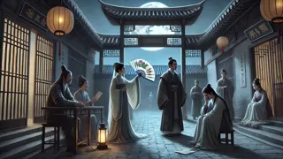 Judge Bao discovers the truth about Lady Yu’s painted fan under a moonlit gate