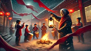Grand-mère Lin et les enfants du village accrochent des banderoles rouges et font du bruit pour faire fuir Nian.