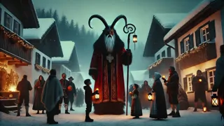 San Nicolás y Krampus están en la plaza de un pueblo austriaco cubierta de nieve al anochecer.