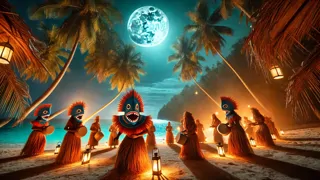 Bailarines del festival con máscaras de tiburón actuando durante la ceremonia de Amanecer de Takaya