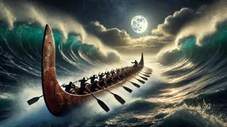 Tentáculos feroces del gigantesco wheke golpeando la canoa maorí.