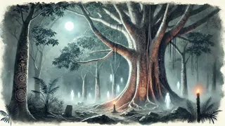 Líneas de susurros espirituales brillando en la corteza de un árbol deKapok sagrado en Sierra Leona