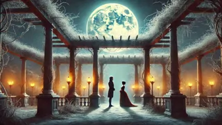 Un cenador en un jardín iluminado por la luz de la luna, cubierto de escarcha, donde una pareja se encuentra separada, en una tensión silenciosa.