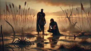 Heracles and Iolaus stand in the aftermath of battle in Lerna’s scarred marsh