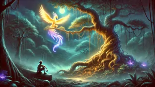 Der Adarna-Vogel sitzt nachts auf einem mystischen Balete-Baum, seine Federn leuchten, während Don Juan ihn ehrfürchtig beobachtet.