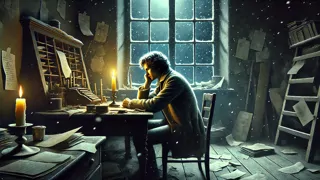 Werther outside Charlotte’s window on a snowy winter night, candlelight glowing inside