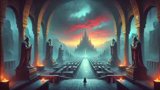 Asgard al atardecer tras la muerte de Baldr, sombras que se deslizan por los pasillos vacíos.