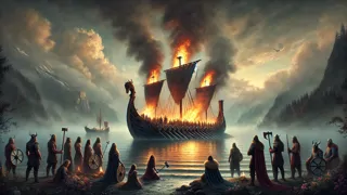 La nave funeraria de Baldr en llamas, los dioses llorando al borde de un fiordo brumoso.