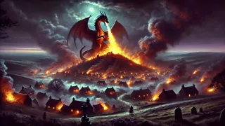 A dragon emerges from a barrow, fire illuminating a terrified Geatish village below.