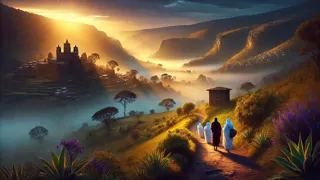 Tierras altas de Etiopía al amanecer con monjes y viajeros en un sendero de montaña.