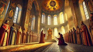 Carta medieval presentada al emperador en la opulenta corte bizantina