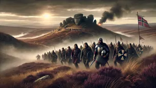 Beowulf and Wiglaf in armor march across a wild moor toward a smoky barrow.
