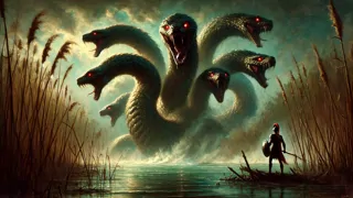 The Lernaean Hydra rises from dark marsh waters, heads twisting menacingly