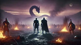 Beowulf and Wiglaf battle a fire-breathing dragon amid smoke and shattered stones.