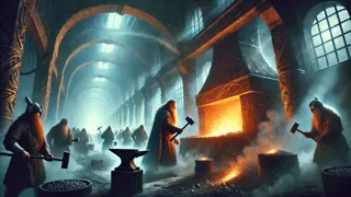 Enanos forjando Gleipnir, la cadena de cinta imposible, bajo la atenta mirada de Odín.