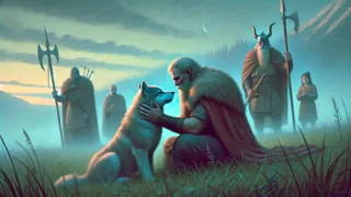 Tyr alimentando suavemente a Fenrir, el lobo gigante, en medio de las miradas cautelosas de los dioses.
