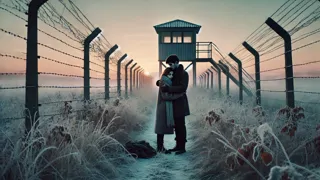 Amantes reunidos se abrazan al borde de una cerca fronteriza vigilada al amanecer.