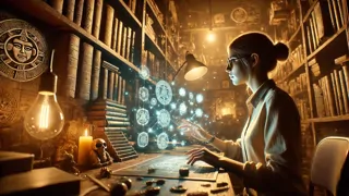 Elena en su laboratorio proyectando glifos mayas que brillan, mientras descifra las instrucciones para el portal.