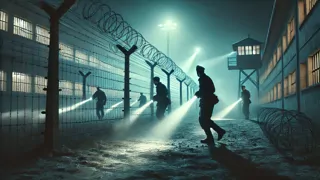 Guardia de la Alemania del Este patrullando bajo un cielo iluminado por la luna, más allá de una cerca de alambre de púas.
