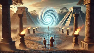Un portal cegador se abre en una plaza maya bajo la mirada vigilante del Piedra Guardián del Tiempo.
