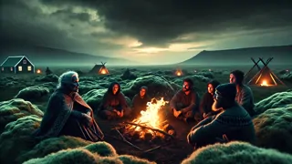 Elders and younger workers gathered around a campfire on mossy Icelandic plain, telling elf stories