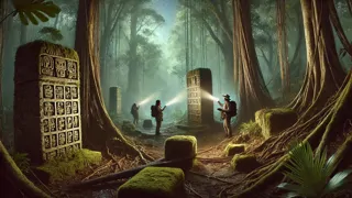 Elena y Marisol descubriendo glifos en un templo maya cubierto de musgo en la densa selva
