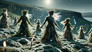 Hidden folk dance under the Icelandic midnight sun on mossy hills, tiny fires glowing