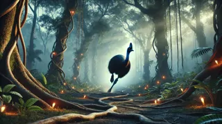 Casuario atravesando un bosque oscuro, enredaderas y raíces surgiendo alrededor de cazadores aterrorizados.