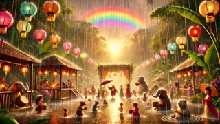 Animales de Celesteville celebrando mientras cae la lluvia y un doble arcoíris brilla sobre la ciudad.