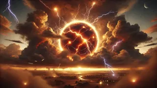 Swirling storm clouds gathering over a Nigerian forest as two glowing spirits prepare to clash
