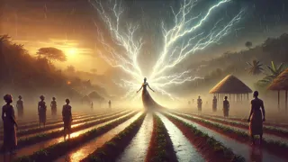 A bright lightning spirit weaving silver sparks through post-storm rain over open fields