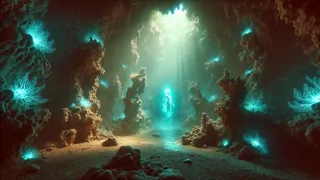 Gruta de coral iluminada por plancton bioluminiscente debajo del arrecife de Pohnpei