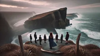 Los niños se encuentran en un acantilado de Nueva Zelanda, azotado por el viento, con vista al océano al atardecer.