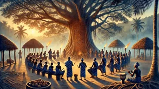 Sacerdotes del pueblo Mende realizando un ritual de tambores a los pies del árbol sagrado de kapok.