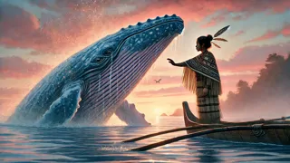 Una joven Paikea tocando el costado de una ballena gigante que emerge de las aguas iluminadas por el amanecer.