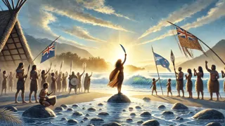 Paikea de pie frente a su tribu en una playa iluminada por el sol, con un talismán levantado hacia el cielo.