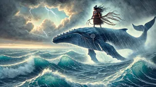 Paikea de pie sobre la espalda de una ballena mientras atraviesa olas agitadas por una tormenta bajo un cielo dramático