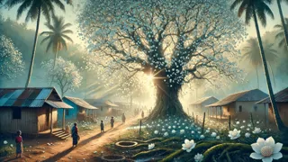 Flores del árbol de algodón de seda flotando sobre caminos tranquilos del pueblo al amanecer