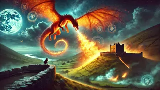 Aillen, el dragón envuelto en llamas, se acerca a Tara bajo una noche embrujada.
