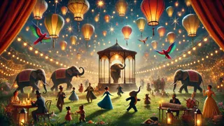 Celesteville iluminada por faroles, con animales bailando y celebrando en los jardines.
