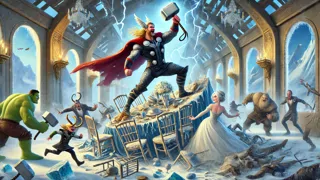 Thor empuñando a Mjölnir en una batalla contra los gigantes en Jotunheim.